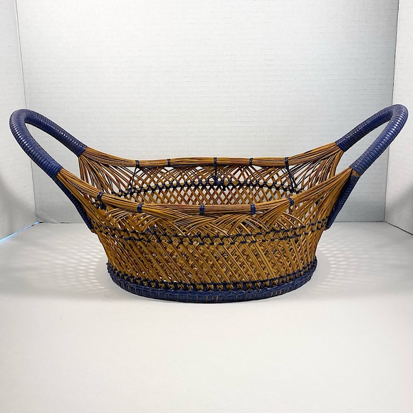 Vintage wicker and blue basket with handles